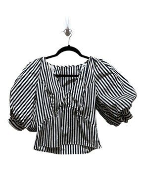 FRAME Puff Sleeve Organic Cotton Top Blouse Striped White and Blue